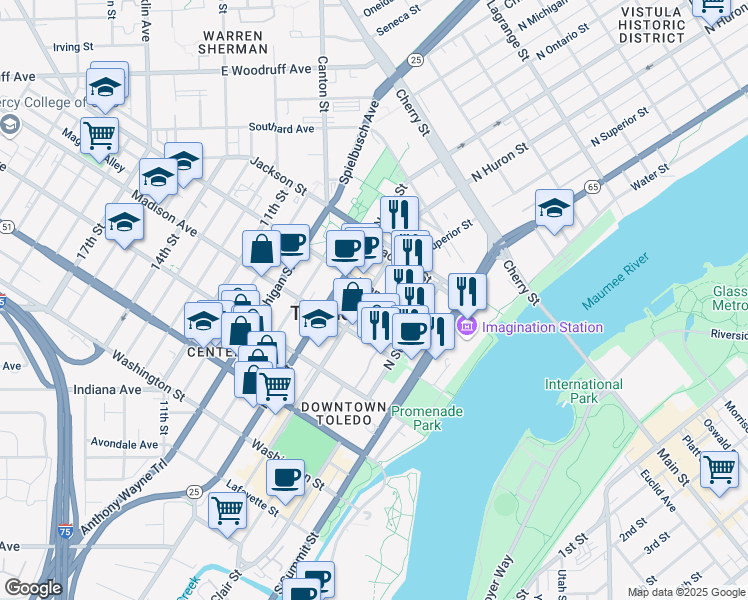 map of restaurants, bars, coffee shops, grocery stores, and more near 513 Adams Street in Toledo
