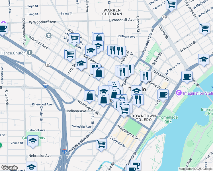 map of restaurants, bars, coffee shops, grocery stores, and more near 1110 Jefferson Avenue in Toledo