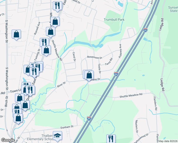 map of restaurants, bars, coffee shops, grocery stores, and more near 29 Mountain View Drive in Plainville