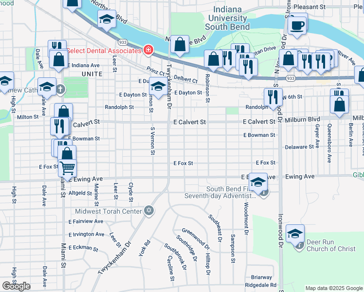 map of restaurants, bars, coffee shops, grocery stores, and more near 1533 East Donald Street in South Bend