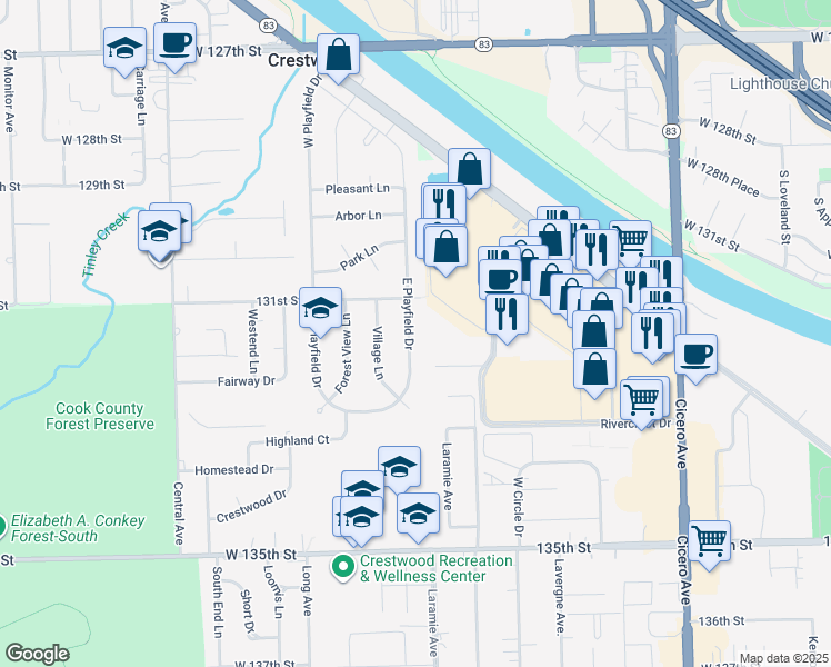 map of restaurants, bars, coffee shops, grocery stores, and more near 13131 East Playfield Drive in Crestwood