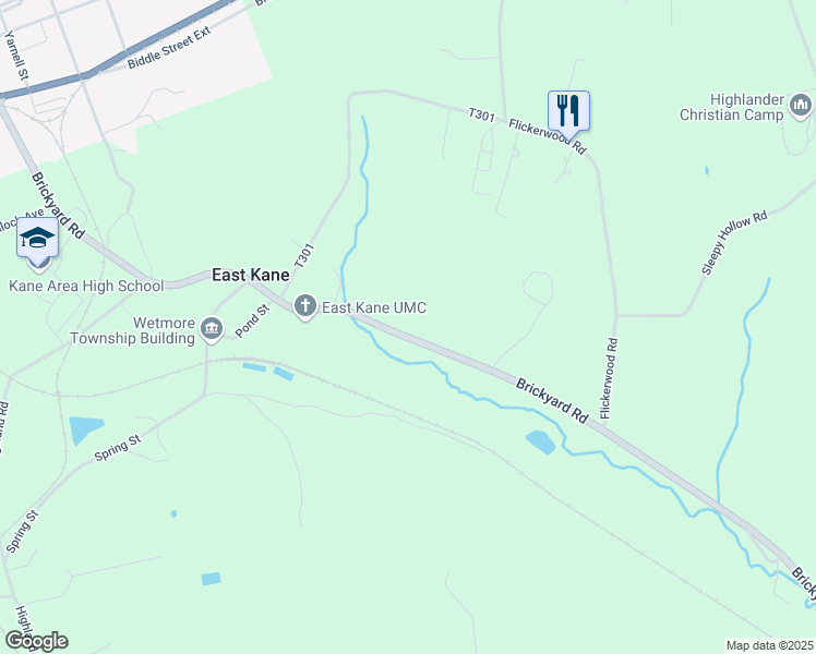 map of restaurants, bars, coffee shops, grocery stores, and more near Pennsylvania 321 in Kane