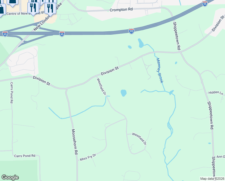 map of restaurants, bars, coffee shops, grocery stores, and more near 30 Westfield Drive in East Greenwich