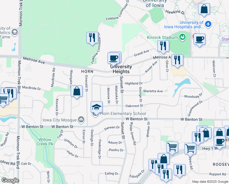 map of restaurants, bars, coffee shops, grocery stores, and more near 206 Mahaska Drive in Iowa City