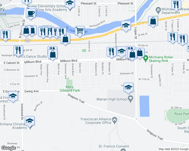 map of restaurants, bars, coffee shops, grocery stores, and more near 901 Alabama Street in Mishawaka