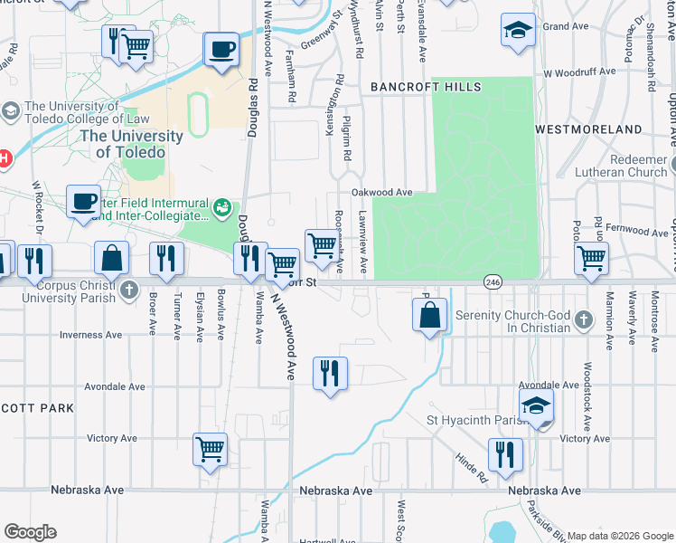 map of restaurants, bars, coffee shops, grocery stores, and more near 1322 Roosevelt Avenue in Toledo