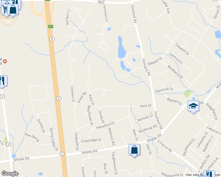 map of restaurants, bars, coffee shops, grocery stores, and more near 70 Great Road in East Greenwich