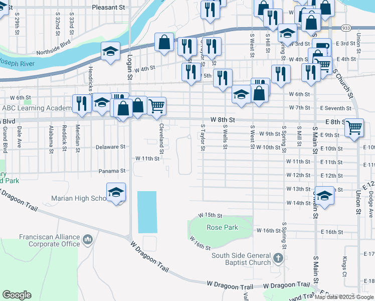 map of restaurants, bars, coffee shops, grocery stores, and more near 911 Berkley Circle in Mishawaka