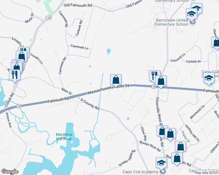 map of restaurants, bars, coffee shops, grocery stores, and more near 3040 Route 28 in Barnstable