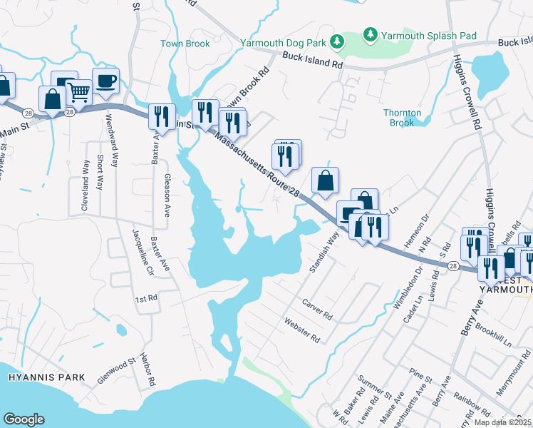 map of restaurants, bars, coffee shops, grocery stores, and more near 17 Ken's Way in Yarmouth