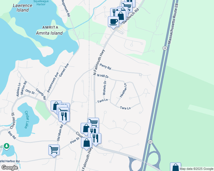 map of restaurants, bars, coffee shops, grocery stores, and more near 34 Wohelo Drive in Falmouth