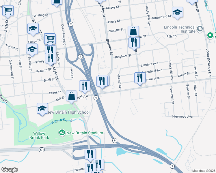 map of restaurants, bars, coffee shops, grocery stores, and more near 24 Konstin Place in New Britain