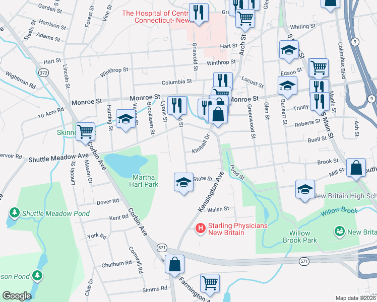map of restaurants, bars, coffee shops, grocery stores, and more near 69 Kimball Drive in New Britain