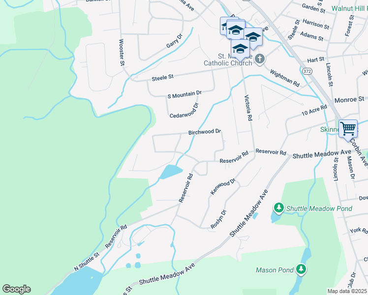 map of restaurants, bars, coffee shops, grocery stores, and more near 25 Streamside Lane in New Britain