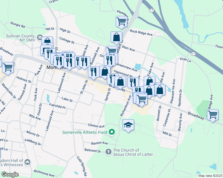 map of restaurants, bars, coffee shops, grocery stores, and more near 377 East Broadway in Monticello