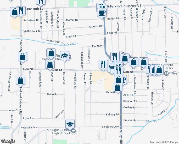 map of restaurants, bars, coffee shops, grocery stores, and more near 5440 Dorr Street in Toledo