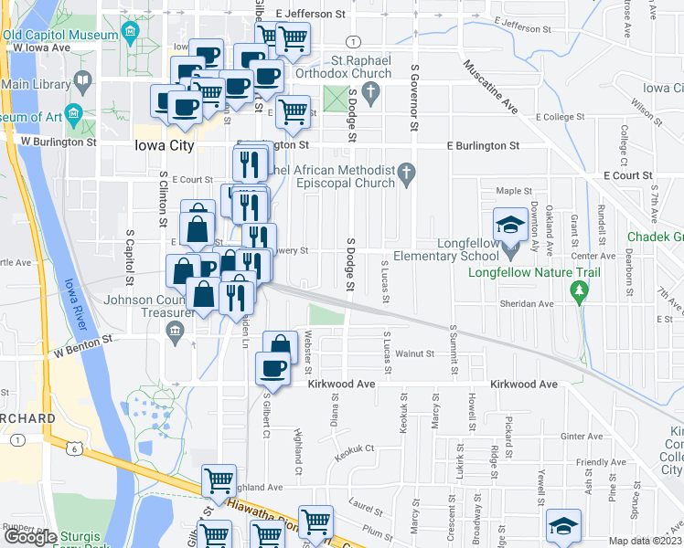 map of restaurants, bars, coffee shops, grocery stores, and more near 612 South Johnson Street in Iowa City
