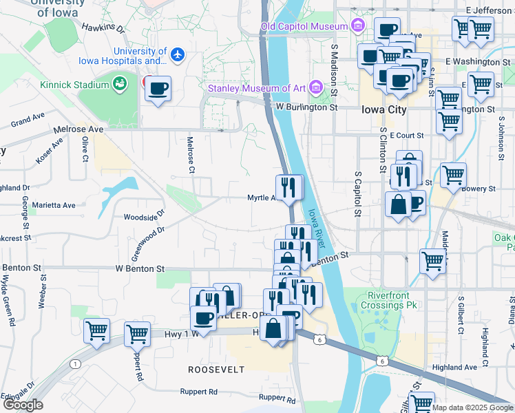 map of restaurants, bars, coffee shops, grocery stores, and more near 209 Myrtle Avenue in Iowa City