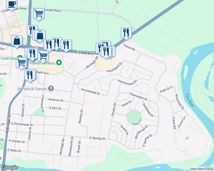 map of restaurants, bars, coffee shops, grocery stores, and more near 887 Arrowhead Drive in Yorkville