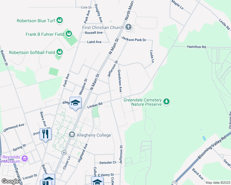 map of restaurants, bars, coffee shops, grocery stores, and more near 270 Grandview Avenue in Meadville