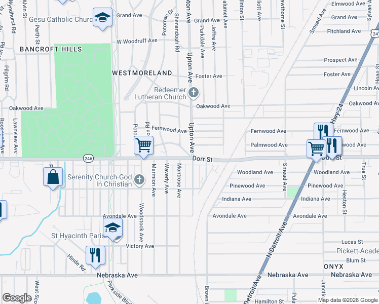 map of restaurants, bars, coffee shops, grocery stores, and more near 1330 Shenandoah Road in Toledo