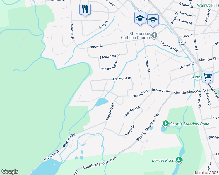 map of restaurants, bars, coffee shops, grocery stores, and more near 25 Streamside Lane in New Britain