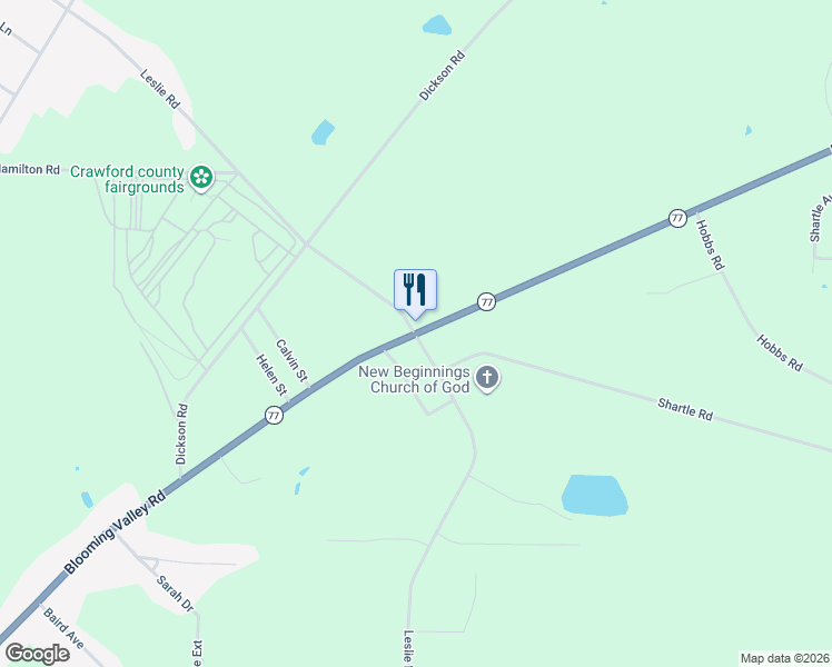 map of restaurants, bars, coffee shops, grocery stores, and more near 13226 Leslie Rd in Meadville