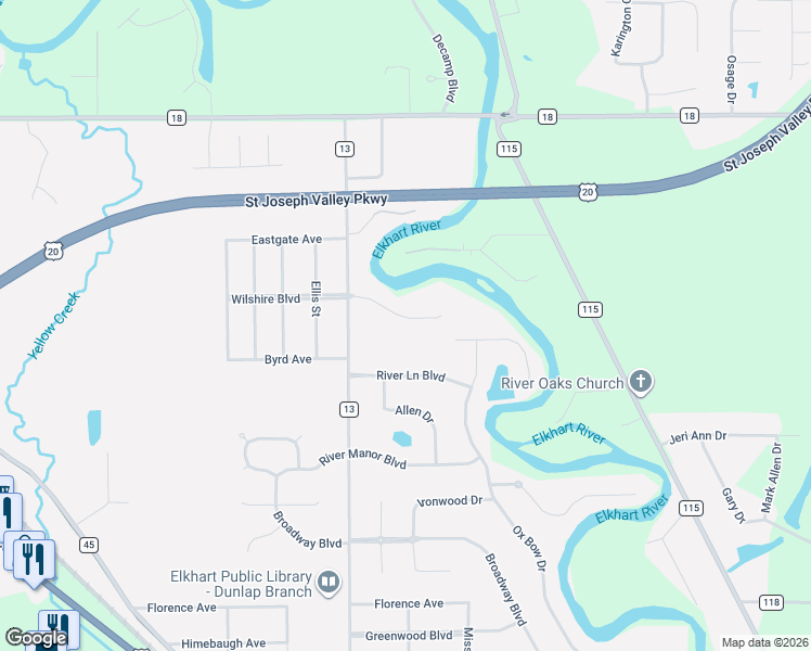 map of restaurants, bars, coffee shops, grocery stores, and more near 23700 Wilshire Blvd E in Elkhart