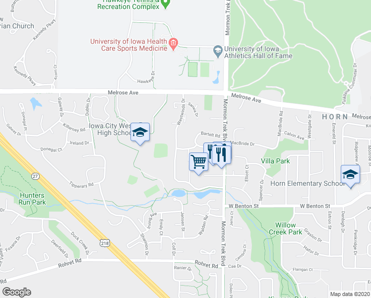 map of restaurants, bars, coffee shops, grocery stores, and more near 2656 Roberts Road in Iowa City