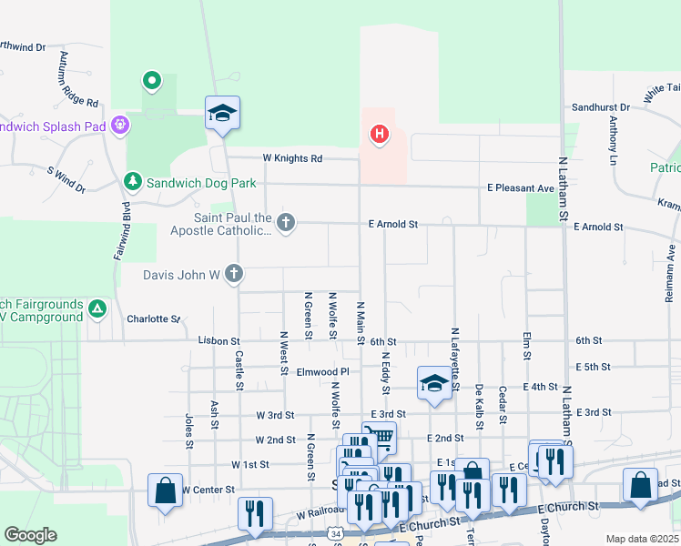 map of restaurants, bars, coffee shops, grocery stores, and more near 22 Boulevard Street in Sandwich