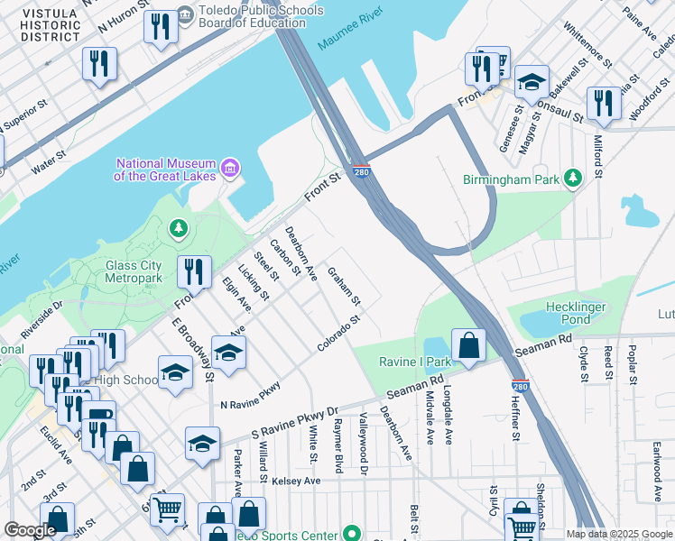 map of restaurants, bars, coffee shops, grocery stores, and more near 219 Graham Street in Toledo