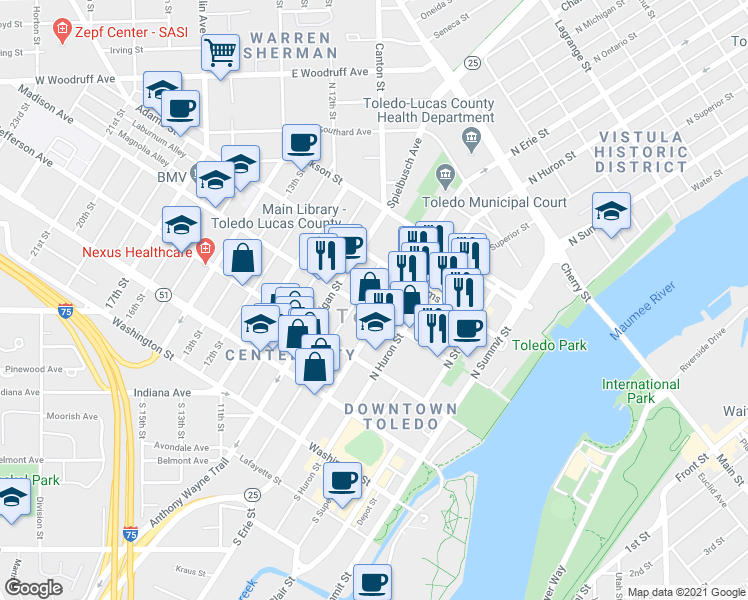 map of restaurants, bars, coffee shops, grocery stores, and more near 702 Madison Avenue in Toledo