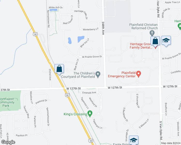map of restaurants, bars, coffee shops, grocery stores, and more near 12533 Canterbury Drive in Plainfield