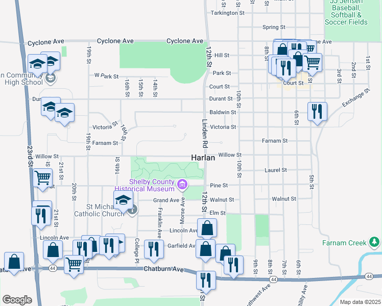 map of restaurants, bars, coffee shops, grocery stores, and more near 1216 Willow Street in Harlan
