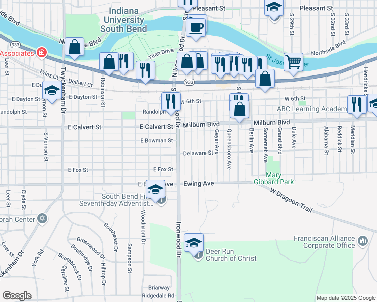 map of restaurants, bars, coffee shops, grocery stores, and more near in Mishawaka