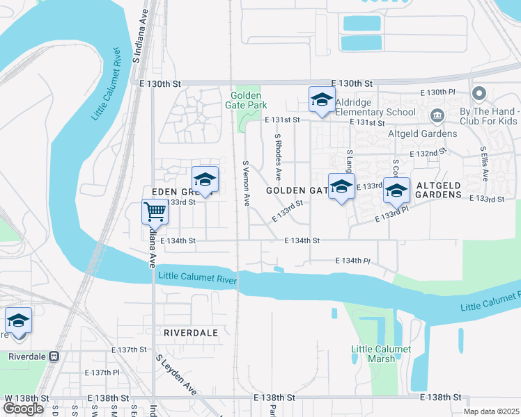map of restaurants, bars, coffee shops, grocery stores, and more near 13271 South Eberhart Avenue in Chicago