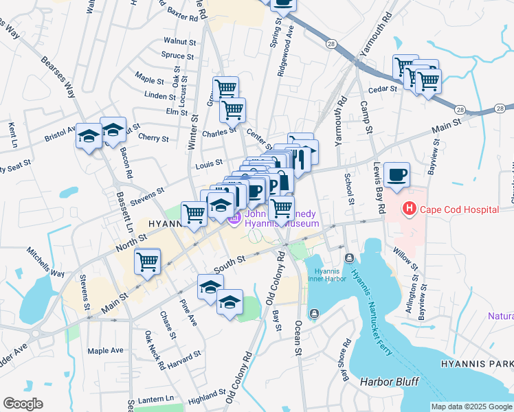map of restaurants, bars, coffee shops, grocery stores, and more near 344 Main Street in Barnstable