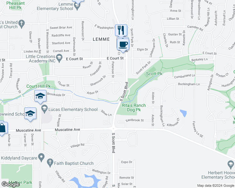 map of restaurants, bars, coffee shops, grocery stores, and more near 3580 Vista Park Drive in Iowa City