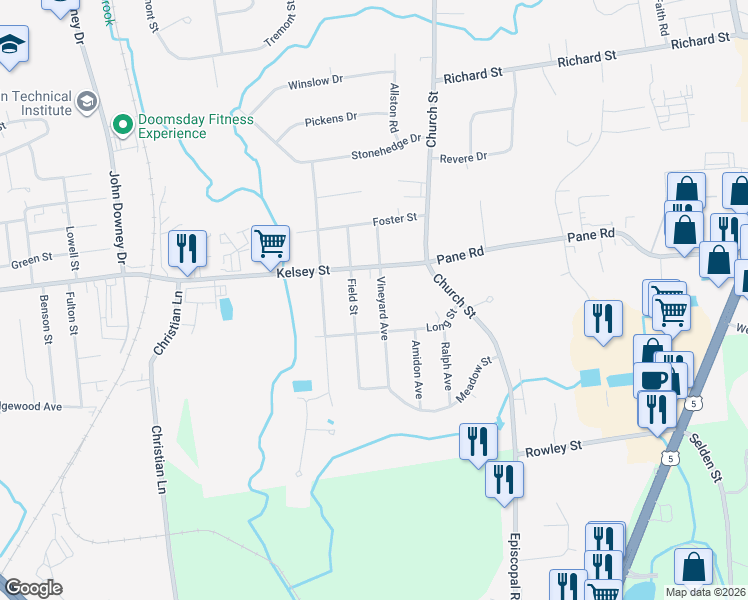map of restaurants, bars, coffee shops, grocery stores, and more near 43 Kelsey Street in Newington