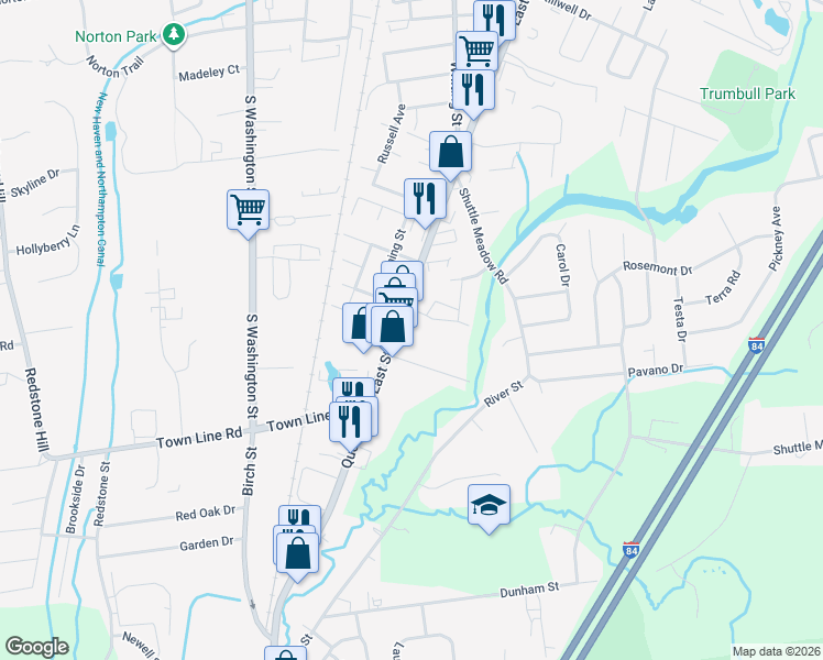 map of restaurants, bars, coffee shops, grocery stores, and more near 436 East Street in Plainville