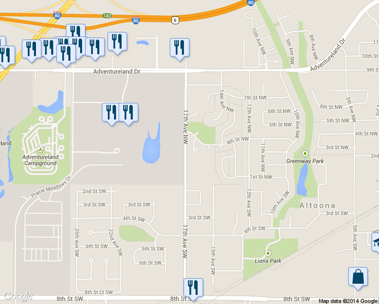 map of restaurants, bars, coffee shops, grocery stores, and more near 302 Village Circle in Altoona