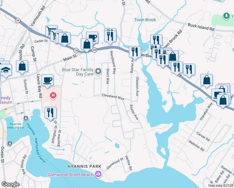map of restaurants, bars, coffee shops, grocery stores, and more near 90 Wendward Way in Yarmouth