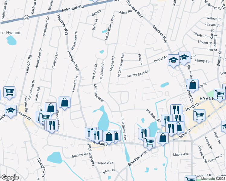 map of restaurants, bars, coffee shops, grocery stores, and more near 16 Connemara Circle in Barnstable