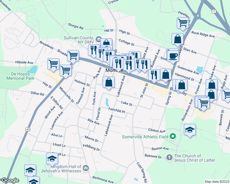 map of restaurants, bars, coffee shops, grocery stores, and more near 8 Garden Drive in Monticello