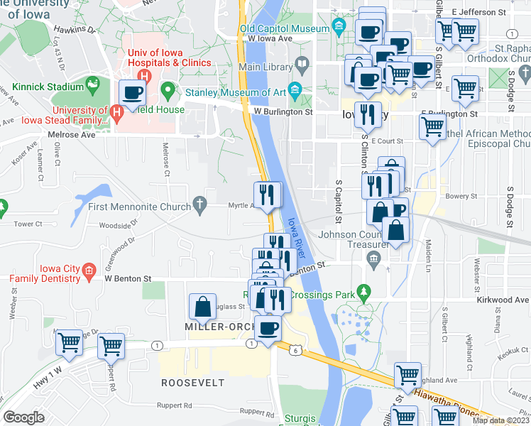 map of restaurants, bars, coffee shops, grocery stores, and more near 513 South Riverside Drive in Iowa City