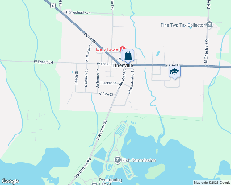 map of restaurants, bars, coffee shops, grocery stores, and more near 301 West Pine Street in Linesville