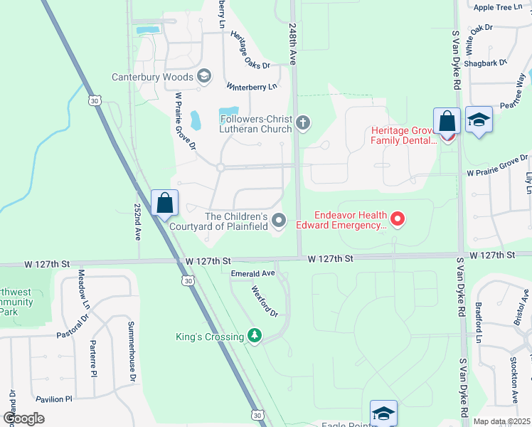 map of restaurants, bars, coffee shops, grocery stores, and more near 12533 Canterbury Drive in Plainfield