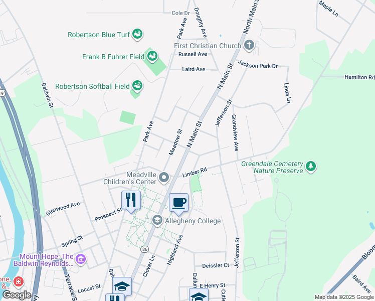 map of restaurants, bars, coffee shops, grocery stores, and more near 323 North Main Street in Meadville