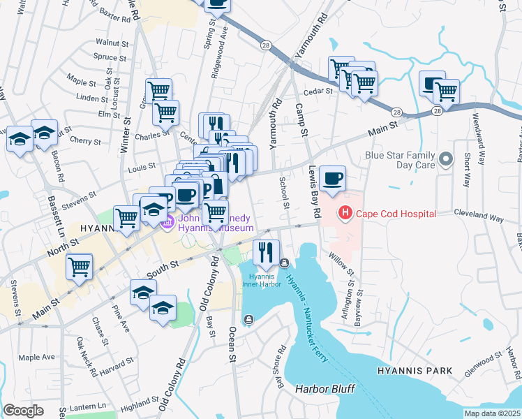 map of restaurants, bars, coffee shops, grocery stores, and more near 56 Pleasant Street in Barnstable