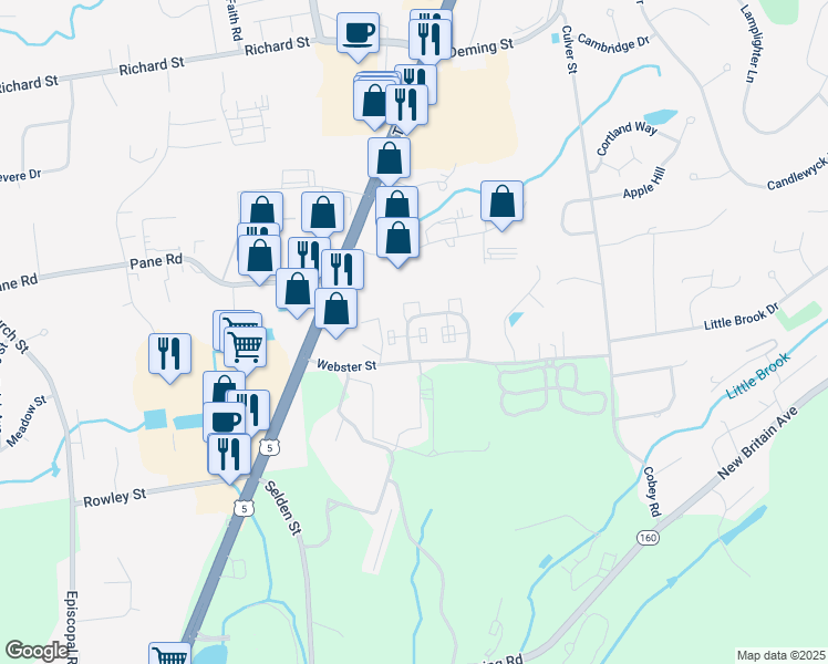 map of restaurants, bars, coffee shops, grocery stores, and more near 58 Webster Court in Newington